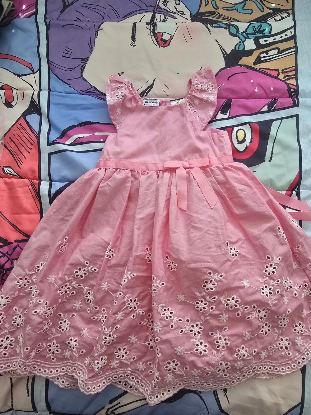 Blueberi Boulevard Pink Eyelet Floral Party Dress with Ribbon Waist